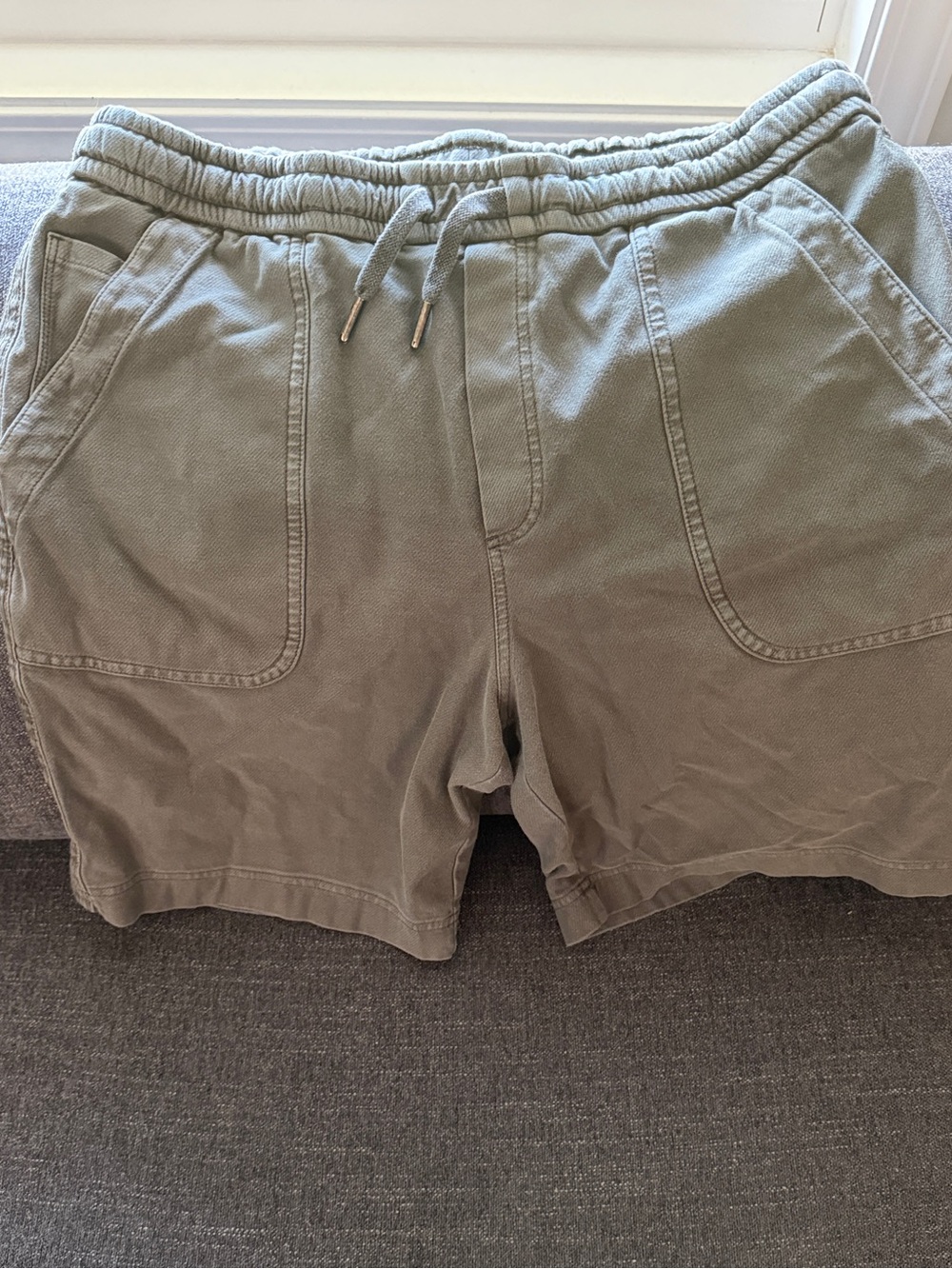 Athleta Farallon Bermuda Shorts, Size 12, Sage Gray Green, Drawstring Cotton Ter